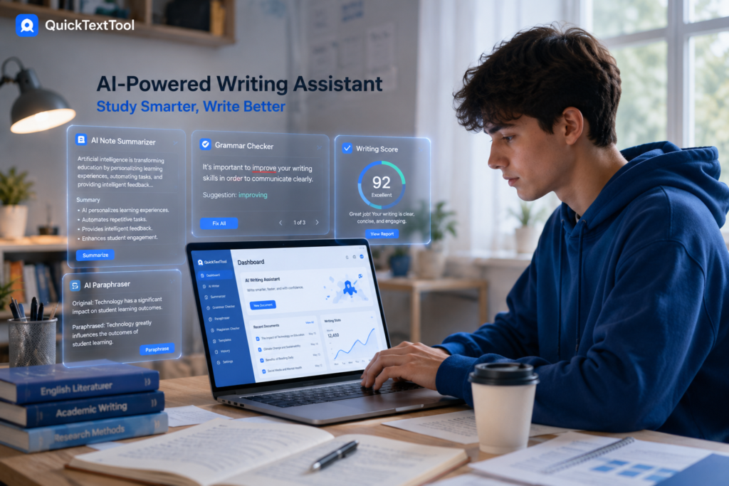 Student using smart AI productivity tools on laptop in 2026